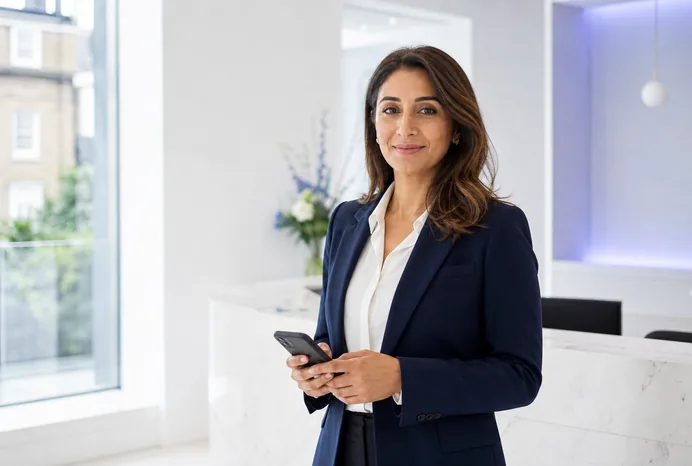 Confident London service-business owner in a bright modern reception, holding a phone.