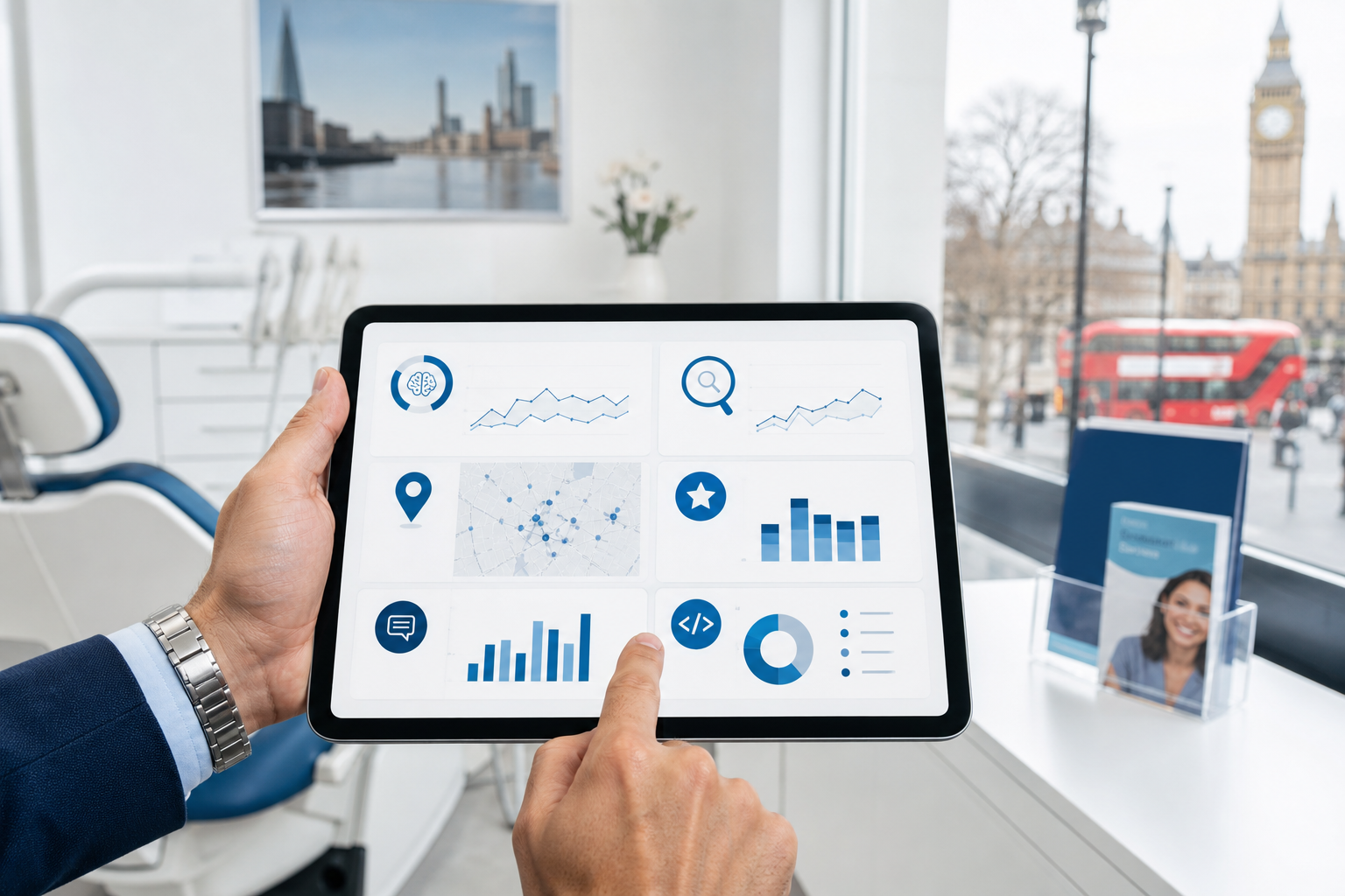 AI answer visibility tablet view for a London clinic.